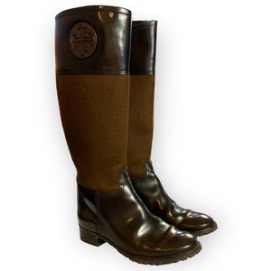 Tory Burch Women’s leather fabric rider logo chocolate brown tall boots size 6.5